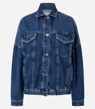 Jaqueta Oversized em Jeans com Detalhe de Risca de Giz Azul