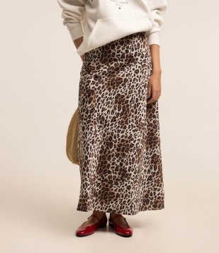 Saia Midi em Cetim com Estampa Animal Print Oncinha Bege