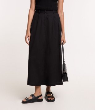 Saia New Midi em Tricoline com Cós Largo Preto