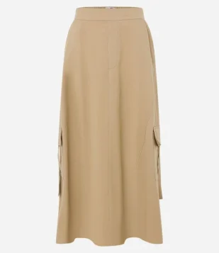 Saia New Midi Evasê em Alfaiataria com Bolsos Cargo Bege