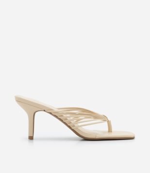 Sandália Mule Multi Tiras com Salto Fino Bege