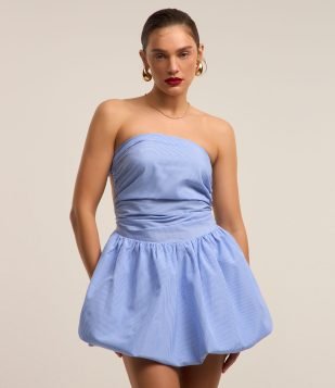 Vestido Balonê em Tricoline Tomara que Caia com Listras Azul