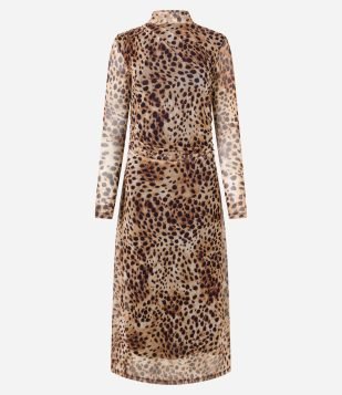 Vestido Evasê Midi em Tule com Estampa Onça Marrom