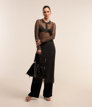 Vestido Longo em Tule Metalizado e Gola Polo Cinza