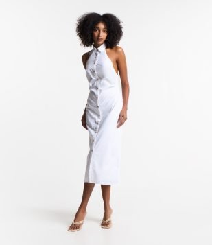 Vestido Midi Frente Única em Tricoline com Abotoamento Total Branco