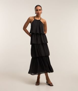 Vestido Midi em Chiffon com Babados e Alça Dupla Preto