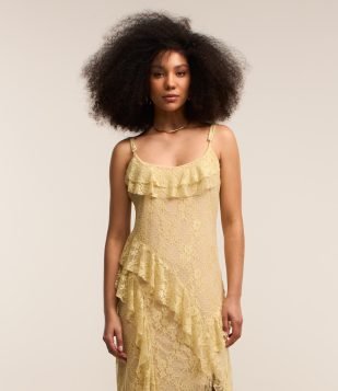 Vestido Midi em Renda com Babados Bege Creme