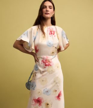 Vestido Midi em Tecido Acetinado com Estampa Floral Branco Neve
