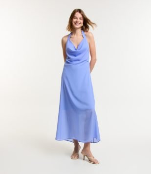 Vestido New Midi em Crepe e Decote Degagê Azul