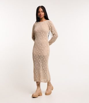 Vestido New Midi em Tricô com Ponto Losango Bege