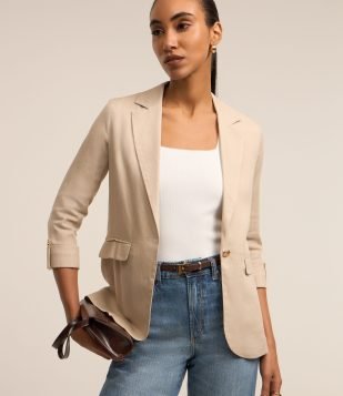 Blazer Alongado em Linho com Mangas Dobradinhas Bege