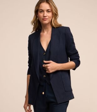 Blazer em Viscose com Forro Listrado Azul Marinho