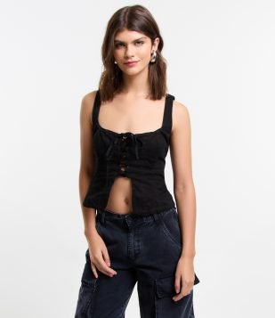 Blusa Corset em Jeans com Amarração Frontal Preto