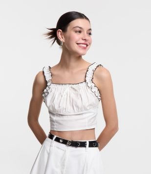 Blusa Cropped Corsetada em Tricoline com Costuras Contrastantes Branco
