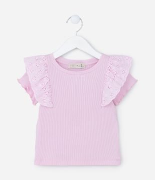 Blusa Infantil em Ribana com Babados em Broderie - Tam 1 a 5 Anos Rosa