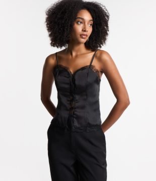 Blusa de Alcinha em Tecido Acetinado com Viés de Renda Preto