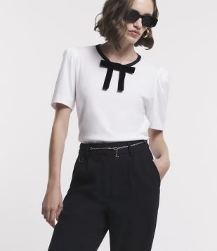 Blusa em Meia Malha com Laço na Gola e Manga Bufante Branco