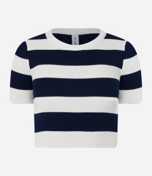 Blusa em Tricô com Listras Largas e Mangas Curtas Branco