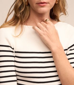 Blusa em Tricô com Textura Canelada e Estampa Listrada Branco Neve