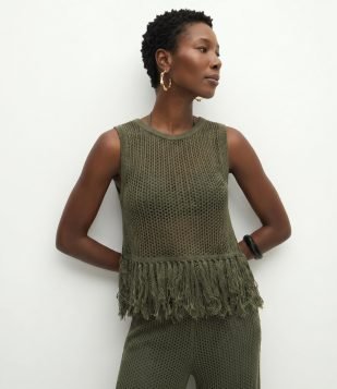 Blusa em Tricô com com Ponto Trabalhado e Franjas Verde