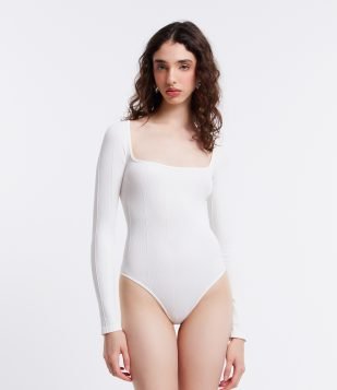 Body em Ribana Seamless com Recorte e Manga Longa Branco