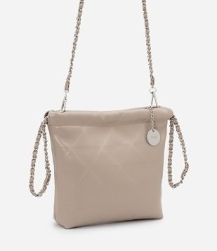 Bolsa Bucket Pequena com Textura e Alça em Corrente Bege Acinzentado