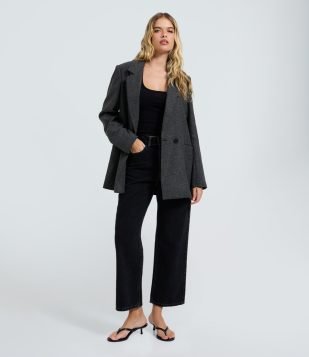 Calça Cropped Reta Jeans com Cintura Alta Preto