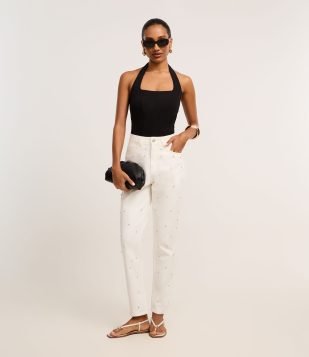 Calça Mom Comfort em Sarja com Brilho Off White