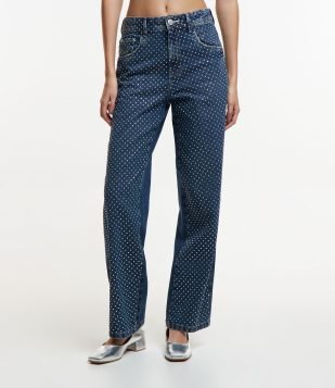 Calça Reta em Jeans com Pedrinhas de Strass Azul