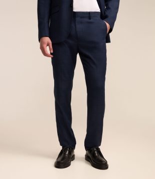 Calça Slim em Tricoline com Estampa Xadrez Azul Escuro