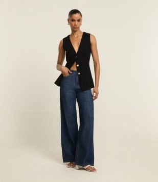Calça Wide Leg em Jeans com Cós Alfaiatado Azul Escuro
