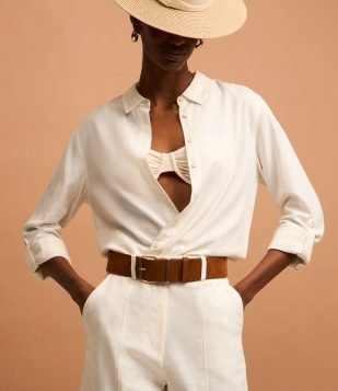 Camisa Básica em Viscolinho com Barra Mullet Branco Neve