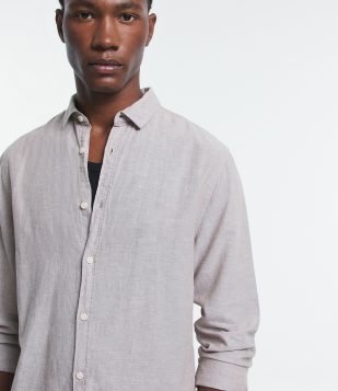 Camisa Comfort Básica em Linho com Gola Colarinho Cinza