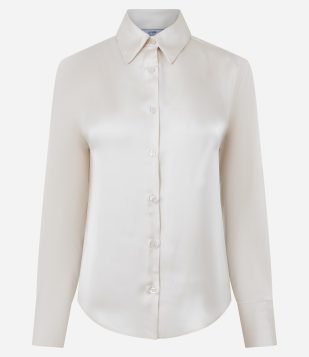 Camisa Manga Longa em Cetim com Barra Arredondada Bege