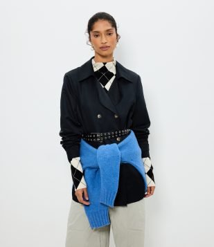 Casaco Trench Coat Alfaiatado com Detalhes Acetinados Preto