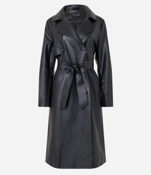 Casaco Trench Coat em Material Sintético com Amarração na Cintura Preto