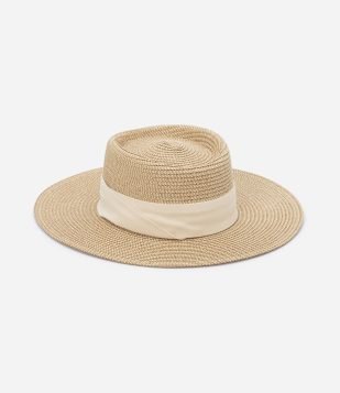 Chapéu de Praia com Faixa Contrastante Bege Palha