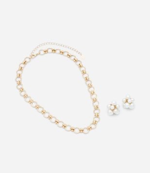 Conjunto de Colar e Brinco Botão com Pérolas Dourado