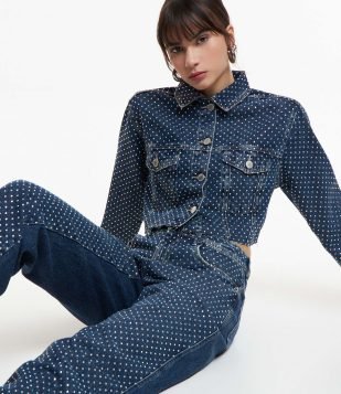 Jaqueta em Jeans com Lapelas e Pedras de Strass Brilhantes Azul
