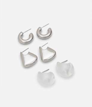 Kit 03 Brincos Pequenos Variados Prata/Transparente