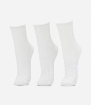Kit 03 Meias Cano Alto em Jacquard com Textura Geométrica Branco