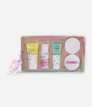 Kit Tratamento Facial com 02 Pads de Algodão + Sabonete Líquido + Tônico + Hidratante com Nécessaire 02 2024 Alchemia KIT