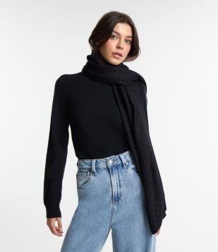 Lenço em Viscose Texturizado com Franjas Preto