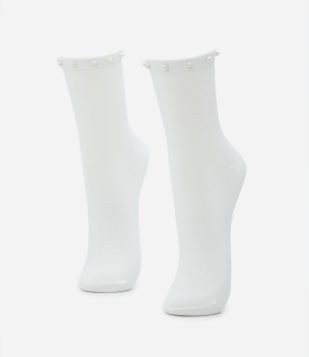 Meia Cano Alto Sem Costura com Aplicação de Pérolas Branco