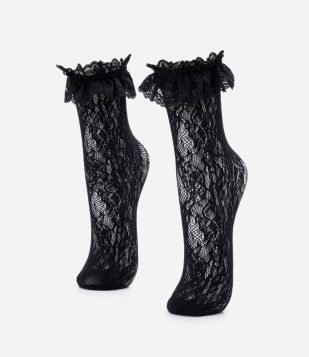 Meia Cano Alto Sem Costura em Renda com Babado Preto