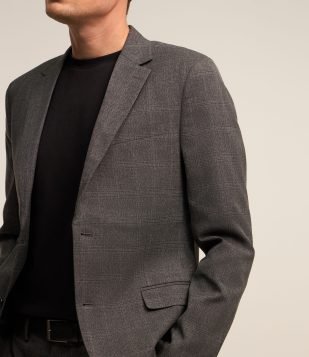 Paletó Alfaiatado com Lapelas e Tecelagem Xadrez Cinza