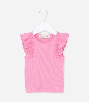 Regata Infantil Canelada com Babado Broderie - Tam 1 a 5 Anos Rosa Chiclete