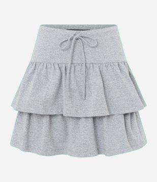 Saia Curta em Algodão com Babados e Amarração no Cós Cinza