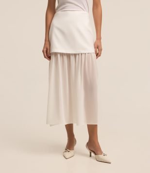 Saia Midi em Crepe com Zíper Lateral e Sobreposição Branco Neve
