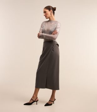 Saia New Midi em Alfaiataria Transpassada com Fivela Lateral Cinza